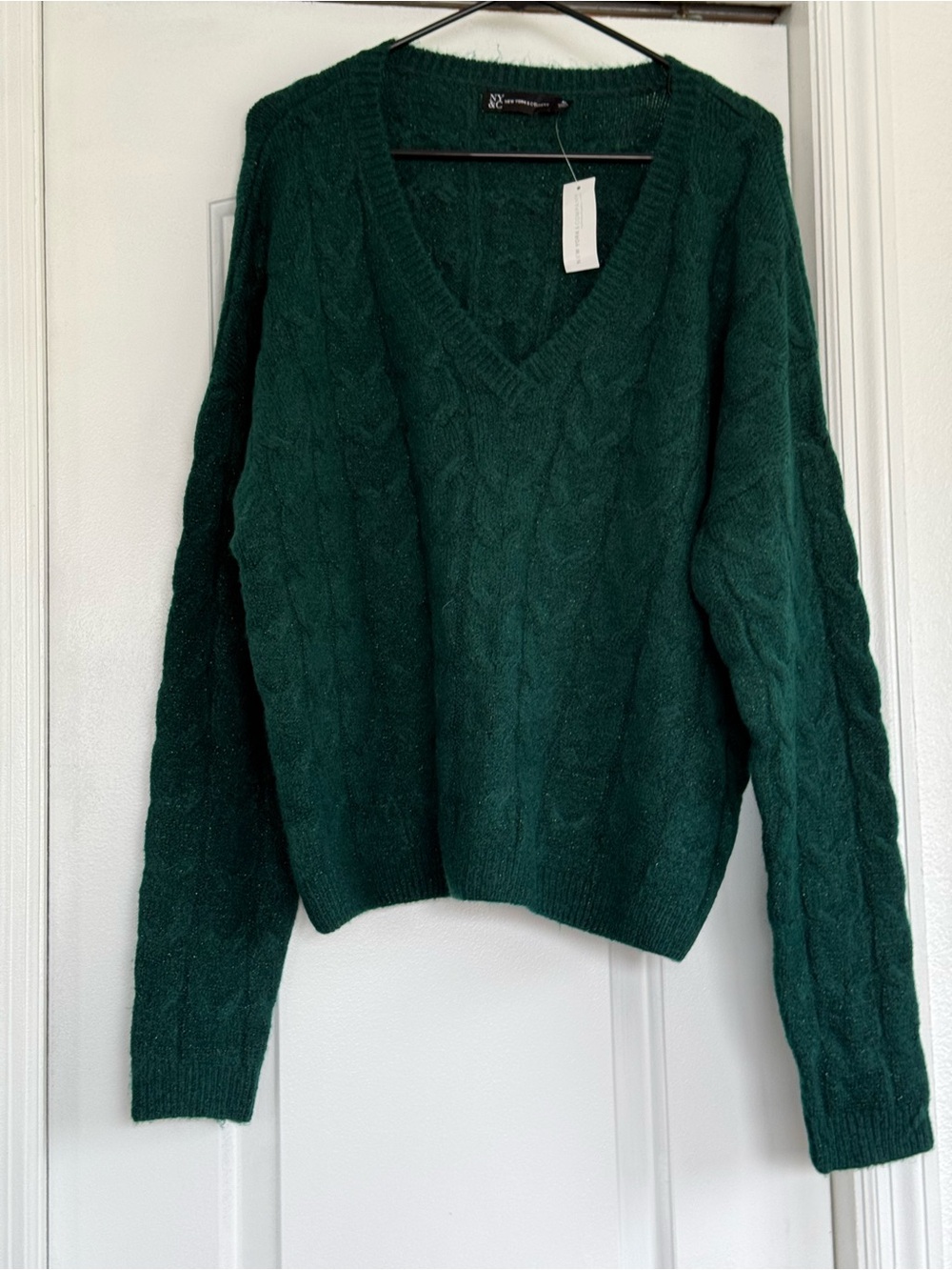 New York & Company Deep Green Cable V-Neck Sweater